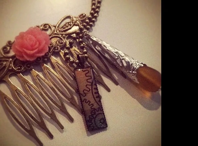 Layered steampunk rose necklace with charms